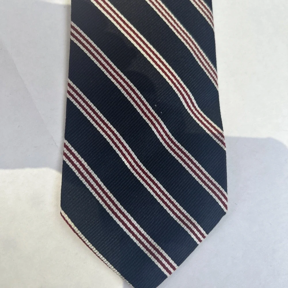 Vtg Philippe Perrier Repp Striped Silk Tie Navy Blue With Red & White Classic